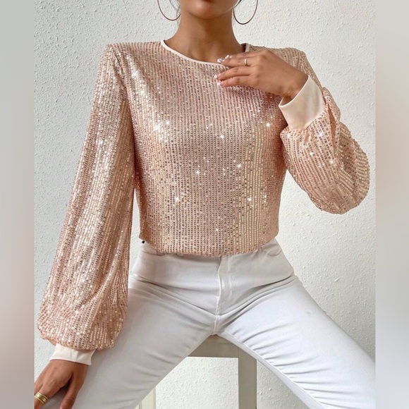 SHEIN - Champagne Sequin Long Sleeve Top - size M - NWOT - Picture 6 of 16